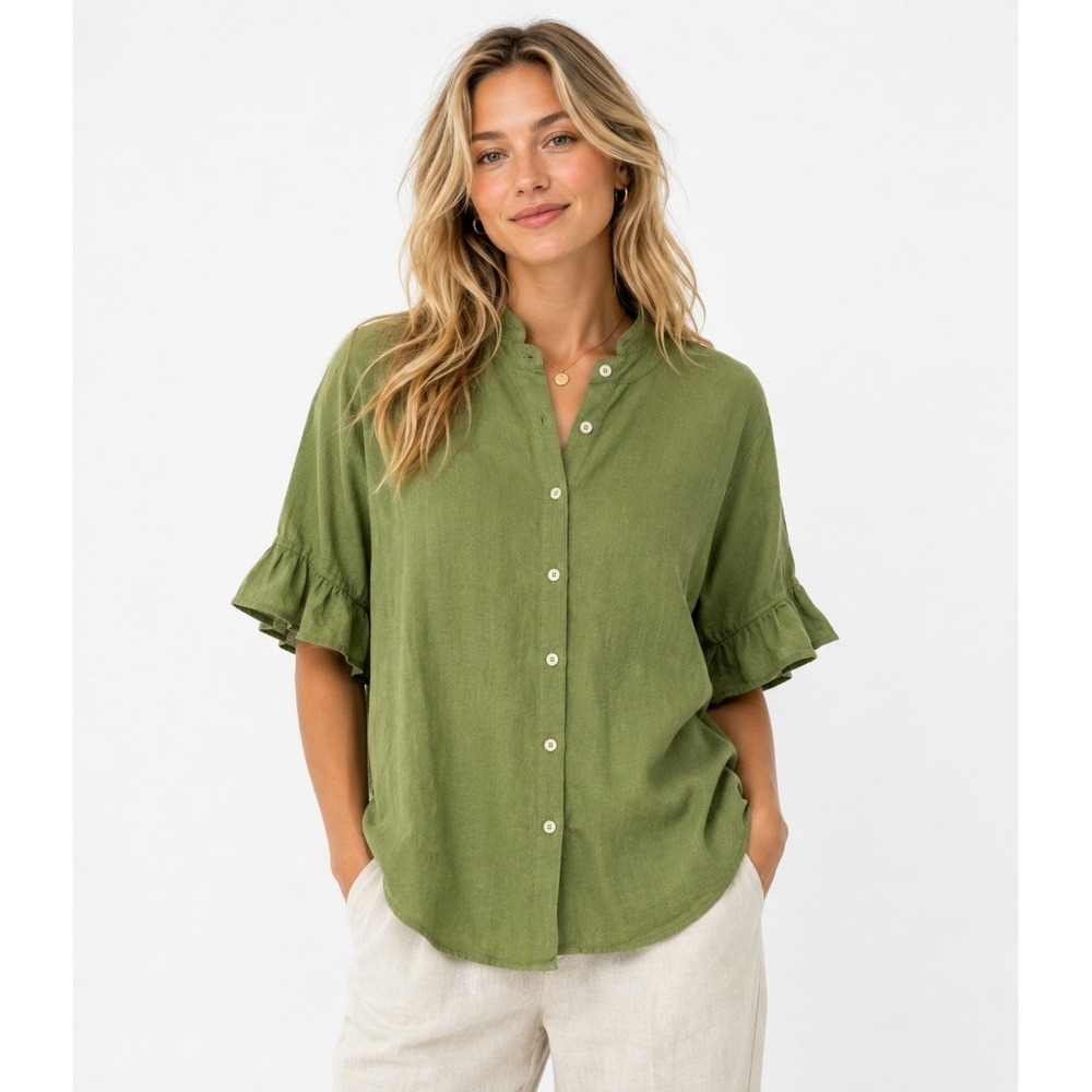 Sleeper Linen Ruffle Accent Mandarin Collar Button Down Shirt Green Size XS